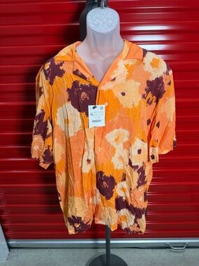 Zara Orange Floral Print Short-Sleeve Shirt